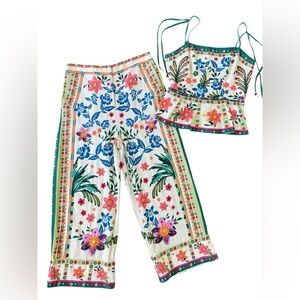 House of Harlow Matching Set Floral Linen Peplum Cropped Top is Sz 4 Pants Sz 6